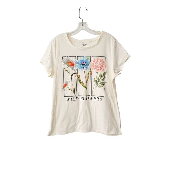 Wild Flowers Graphic T-Shirt Womens L Cream Short Sleeve Casual Top Cotton Blend - Picture 1 of 4